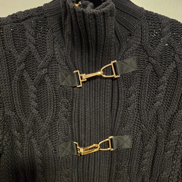 Ralph Lauren Black Cable Knit Turtleneck Sweater with Gold Buckles - Picture 2 of 11